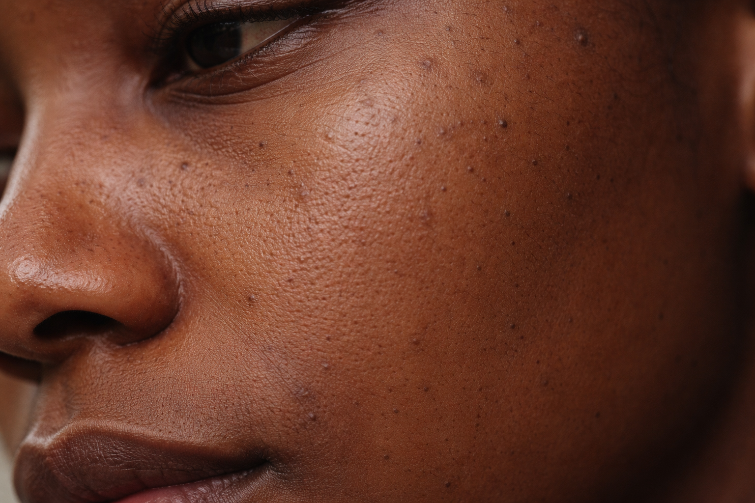 Gros plan de peau mélaninée en lumière naturelle, texture réelle et pores visibles